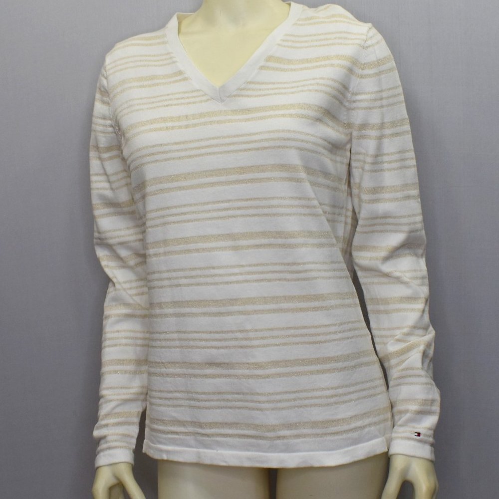 TOMMY HILFIGER V NECK METALLIC STRIPED‎ SWEATER SZ  LG